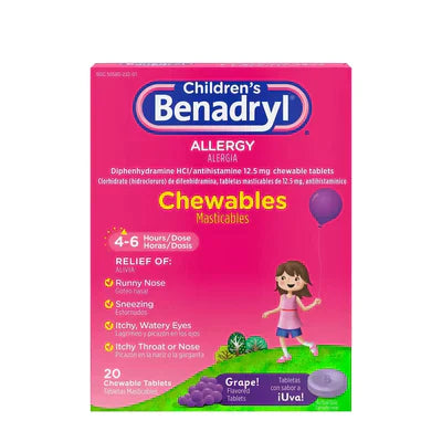 Benadryl Children's Allergy Relief Chewable Tablets Grape Flavor, 20 Count